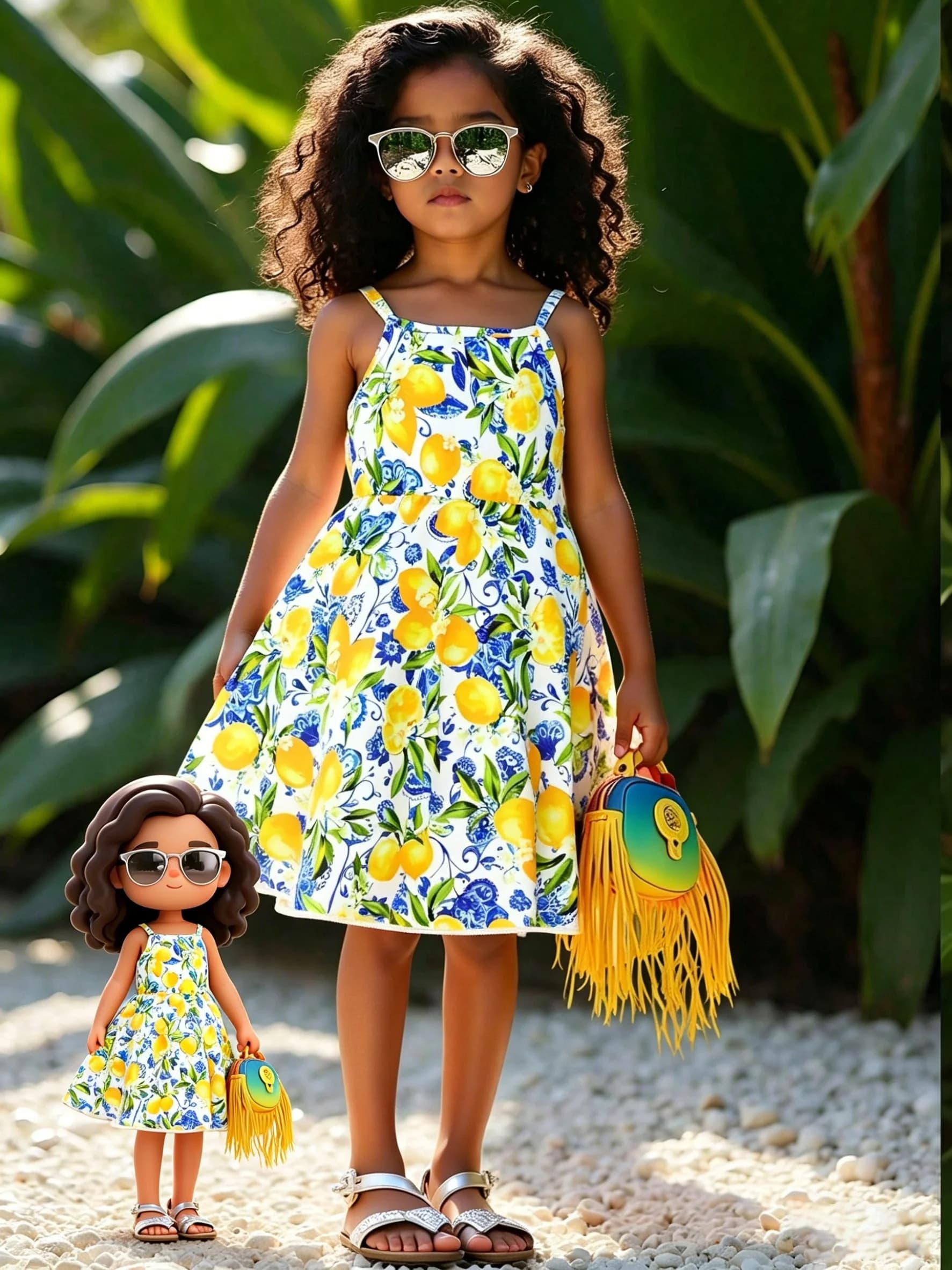 Girls' Summer Casual Dress with Floral Print T-Strap Dress in Yellow-Green Color Scheme, Fresh and Energetic, Suitable for Girls Aged 4-8 for Various Summer Occasions
