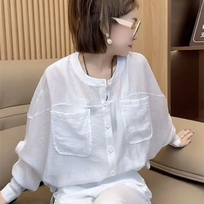 White Casual Shirts For Women Office Wear Spring Summer Single Breasted With Pockets Loose Fit Regular Length