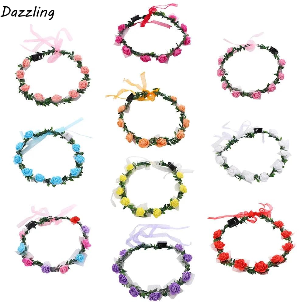 Fashion For Girls Wedding Rose Flower Party Foam Wreath Decoration Crown Flower Headband Women Headwear LED Light Garland