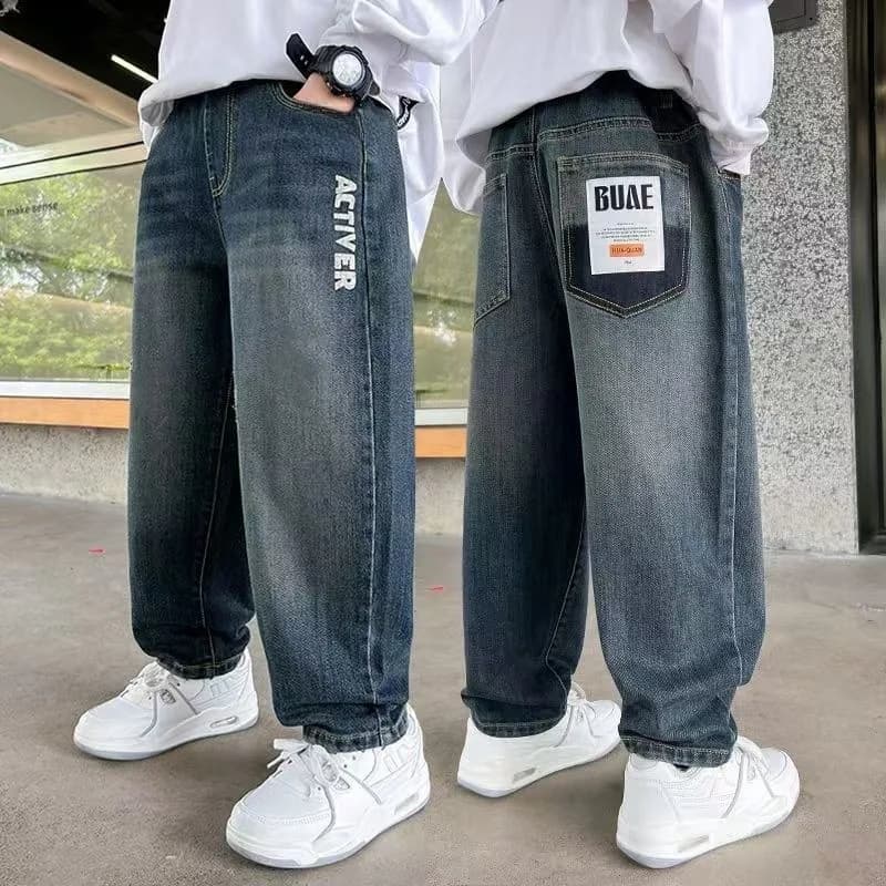 5-14Y Boys Jeans Pants Spring Kids Wide Leg Straight Trousers Autumn Loose-Fit Casual Trousers Children's Trendy Sweatpants