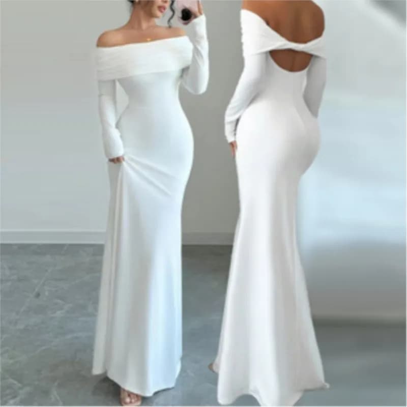 Women's Fashion White Wedding Dress Spring Autumn One-shoulder Slim Backless Sexy Hip-pack Dresses For Women Robe Femal Vestidos