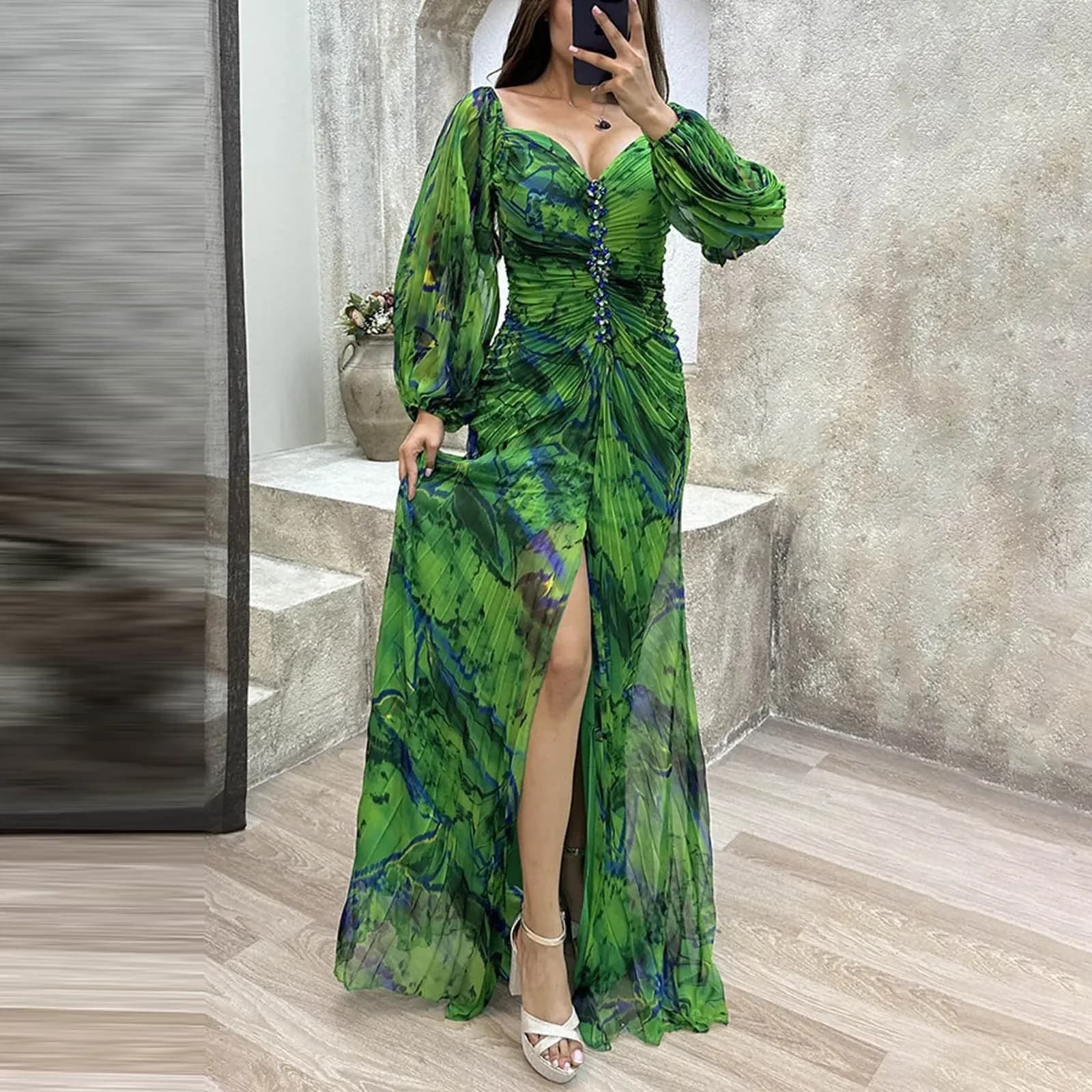 Long Wedding Evening Dresses For Women Ladies Gathering Pleated Long Sleeved Loose Cocktail Formal Dress Women's Fashion Dress