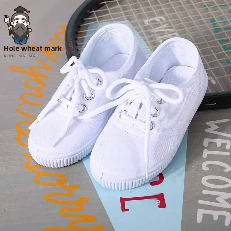 Boys Canvas Shoes Kindergarten Schools White Shoes Children Student White Cloth Shoes Girls Shoelaces Velcro Neutral Solid Color
