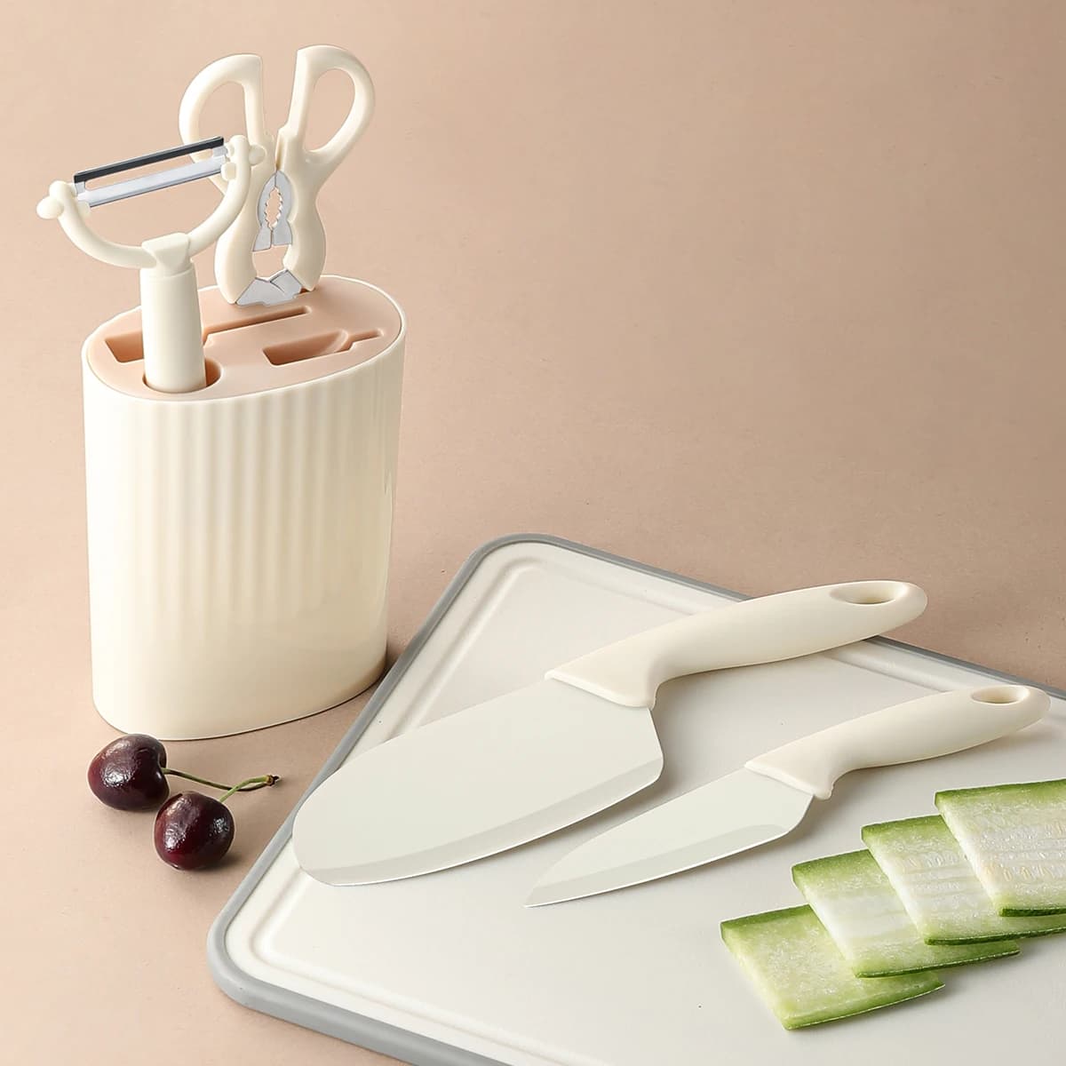 5-piece kitchen tool set, including a small chopping knife, scissors, fruit knife, peeler, and knife block, suitable for househo