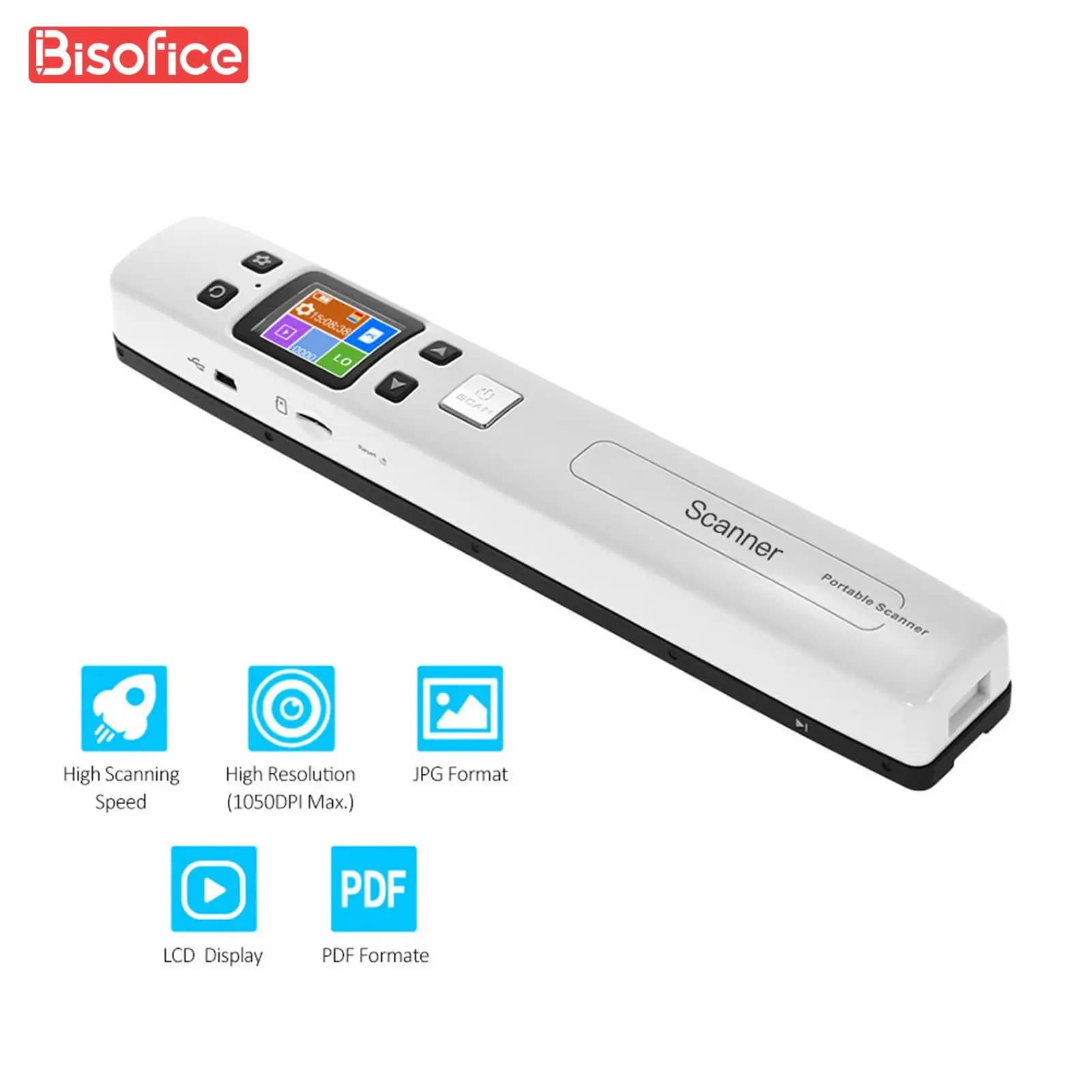 Bisofice Portable Handheld Wand Document Scanner 1050DPI High Speed  A4 Size Formate LCD Display for Business Reciepts Books