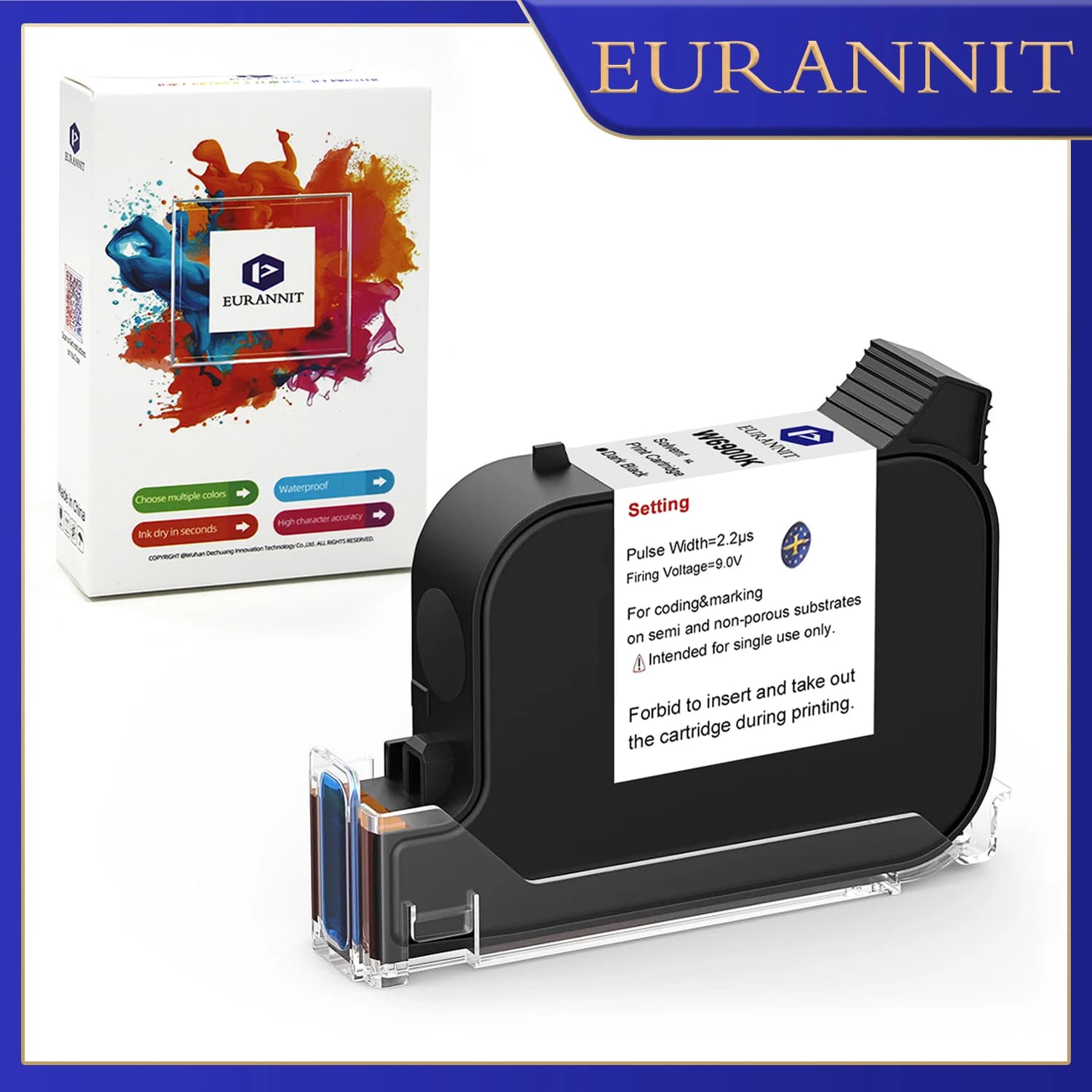 EURANNIT W6900K 12.7mm Ink Cartridge 42ML Fast Drying Solvent Ink Waterproof TIJ Inkjet Printer for Plastic Wood Metal Fabric