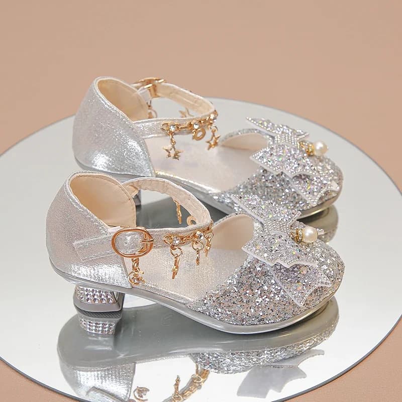 Girls High Heeled Leather Shoes High Heels for Wedding Party Glitter Rhinestone with Bow-knot Kids Dress Pendant Bling Sparkling