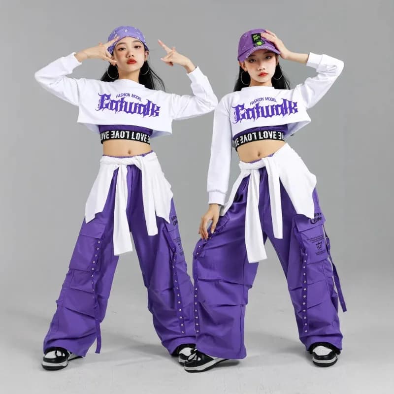 Girls' Jazz Dance Clothes White Tops Purple Trousers Children's Hip-hop Costumes Trendy Youth Outfits Stage Suit  Women's Groups