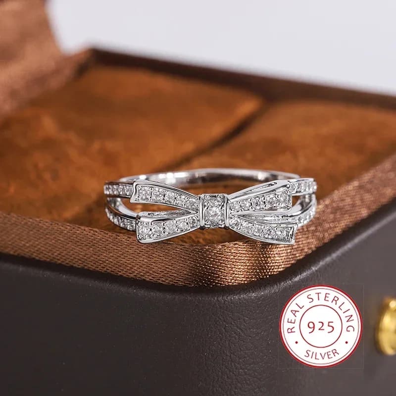 925 Silver Plated Ring for Women  Beautiful Bow Sparkly Zircon Jewelry Party Jewelry Engagement Ring Wedding Ring