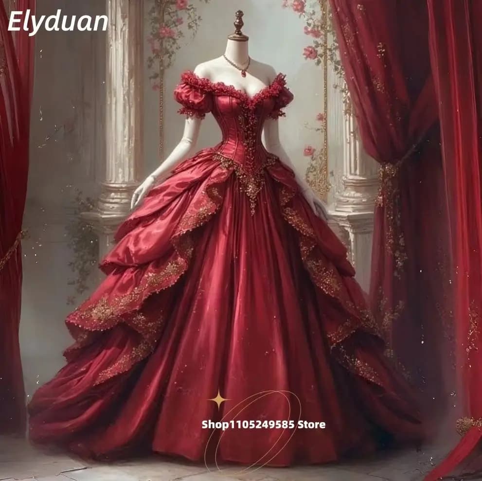 Historical Renaissance Prom Dress Puff Short Sleeves Gold Lace Appliques Victorian Burgundy Princess Evening Gowns Customized