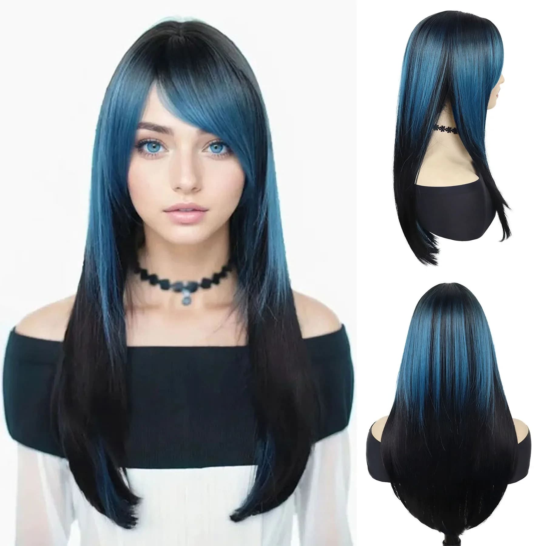Synthetic Hair Blue Mixed Black Wigs for Women Fashion Long Silky Straight Wig Cosplay Halloween Costume Party Drag Queen Wig