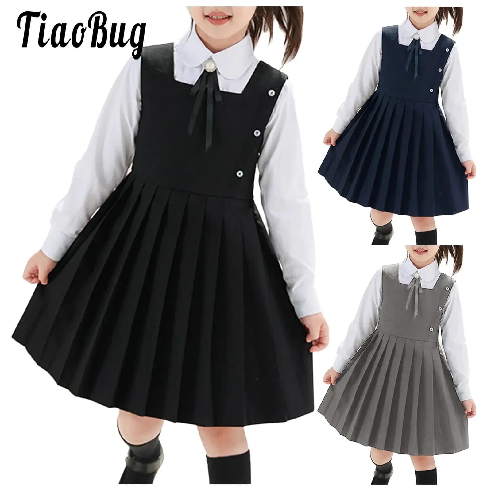 Kids Girls School Uniform Jumper Dress Student Uniform Costume Round Neck Sleeveless Zipper Pleated Dress School Uniforms