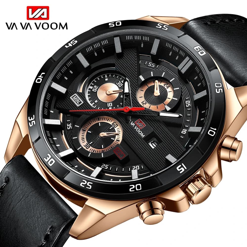 Man Sports Watches Fashion Racing Series 46mm Black Leather Clock VA VA VOOM Quartz Movement 3Bar Waterproof Wrist Watch for Men