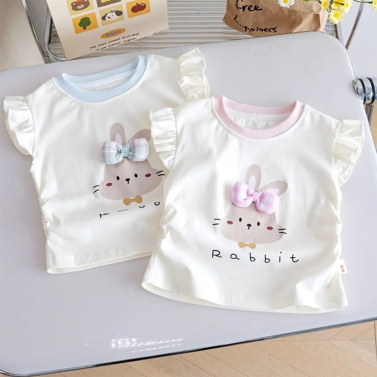 Girls' Cartoon Summer New Fashion Cute Short-Sleeve Tops Stylish Outerwear with Small Flutter Sleeves Thin T-Shirt Trendy