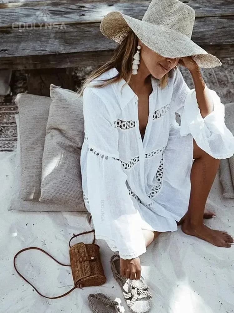 Women Swimsuit Cover Ups Mandarin Sleeve Kaftan Beach Tunic Dress Robe De Plage Solid White Pareo Beach Cover-ups  #Q429
