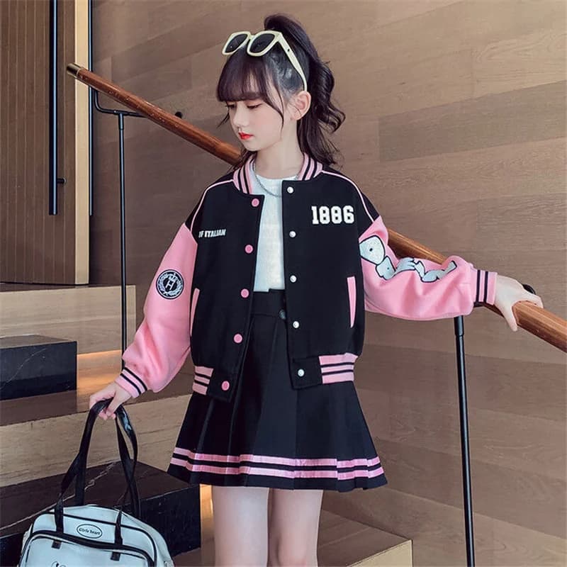 Girls Student Uniform Sets Spring Autumn Kids Baseball Sports Suit Children Jacket Pleated Skirt 2Pcs Fashion Clothing Outfits