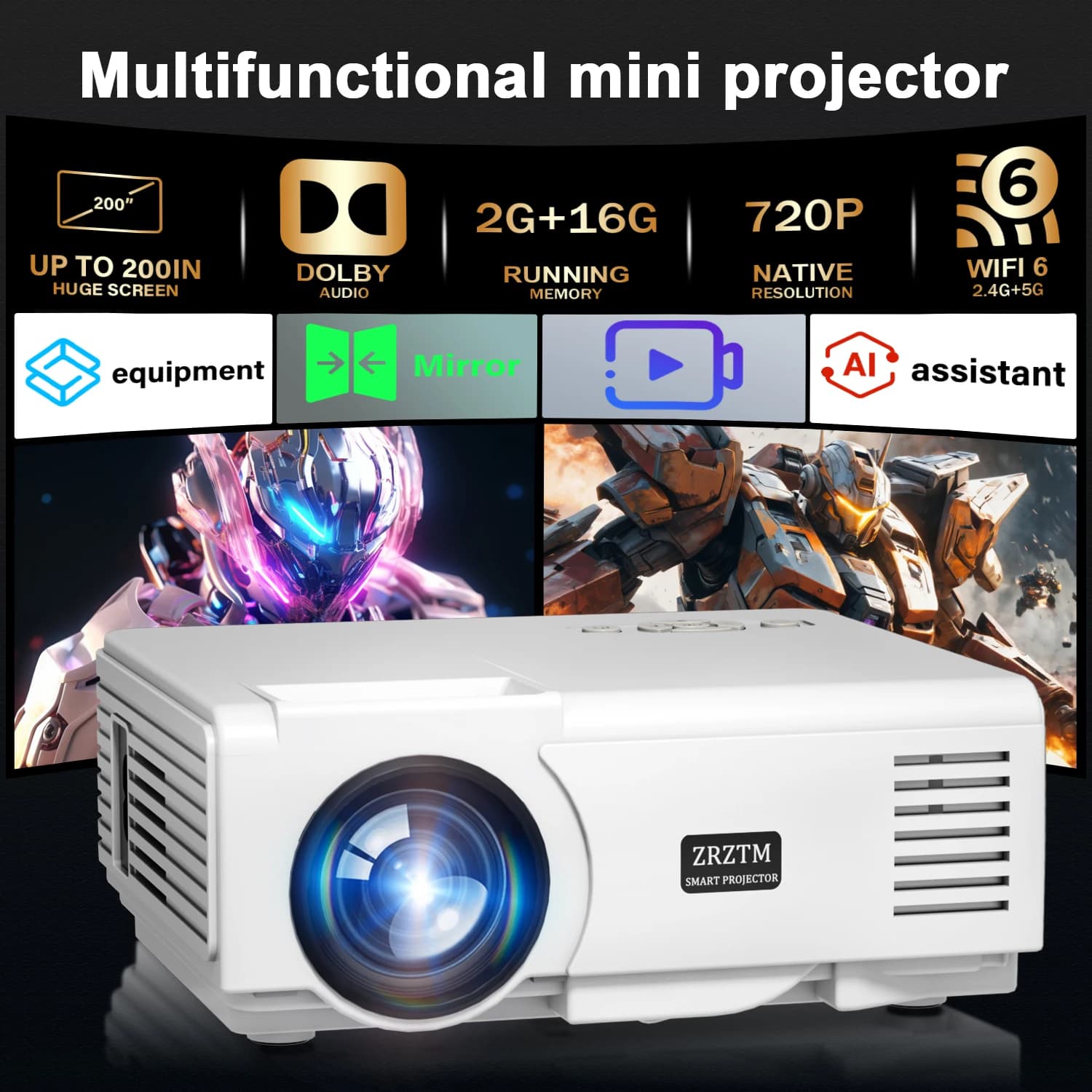 Projector, 4K 1080P Wireless Portable Projector, HDMI & USB, Home Theater for Netflix/Gaming/Karaoke, Indoor Outdoor