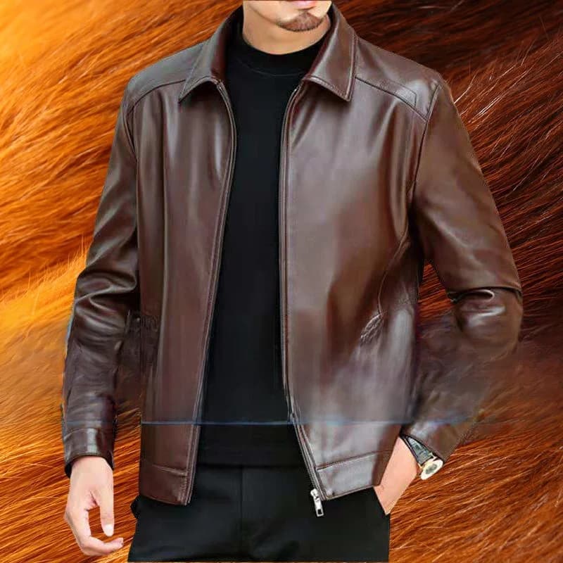 Haining True Good Leather Jacket Men's Mid-Aged Loose Thickened Autumn Winter Dad Men's Clothing Thin Leather Coat