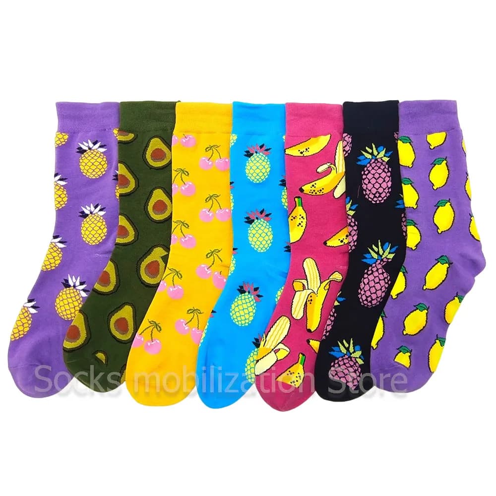 Women Socks Funny Cute Cartoon Fruits Banana Lemon Pineapple Avocado Food Happy Japanese Harajuku Skateboard Socks