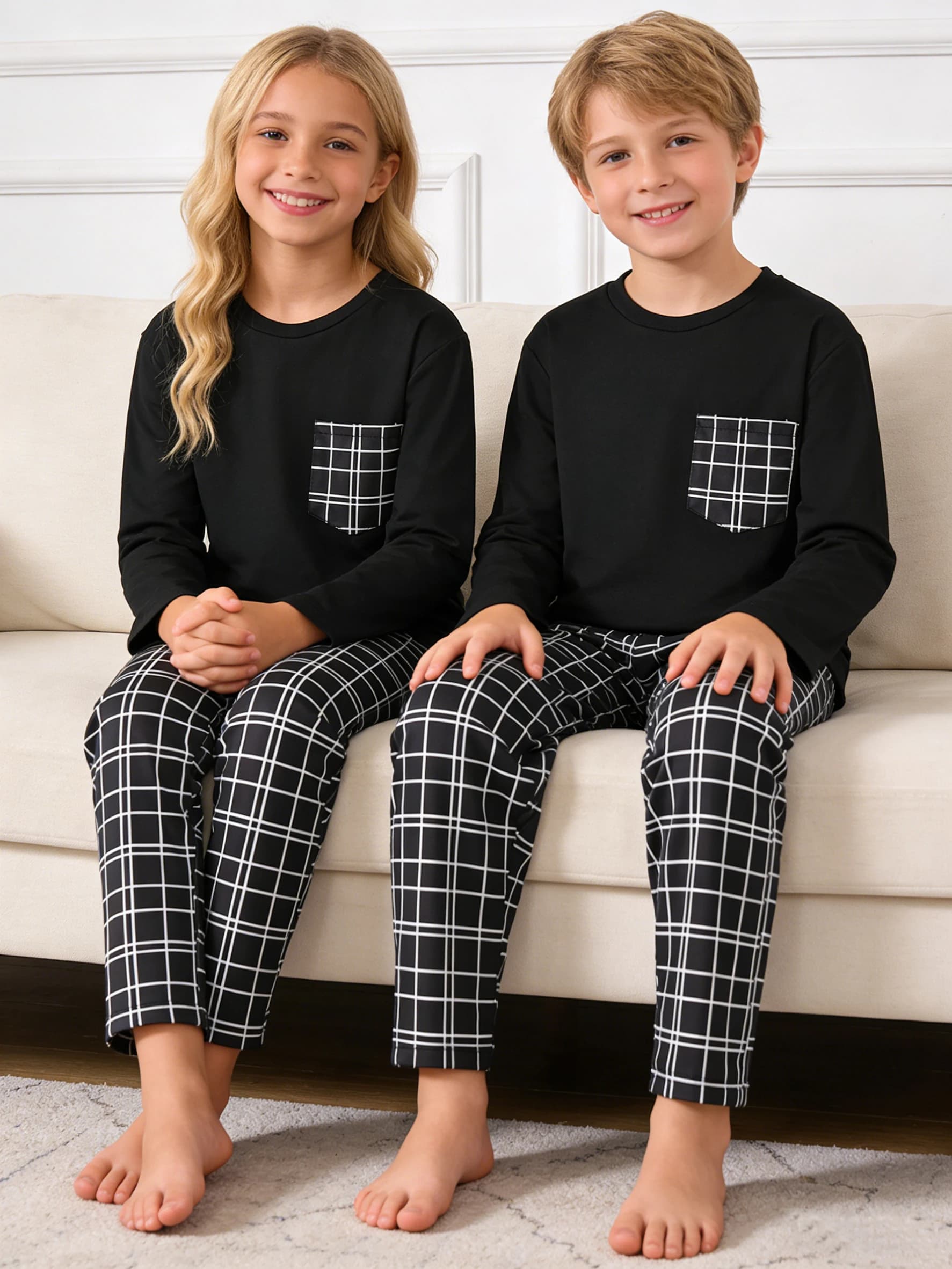 Boys' and girls' sleepwear sets for spring and autumn, men's and girls' tops, pants, and home wear, suitable for home wear