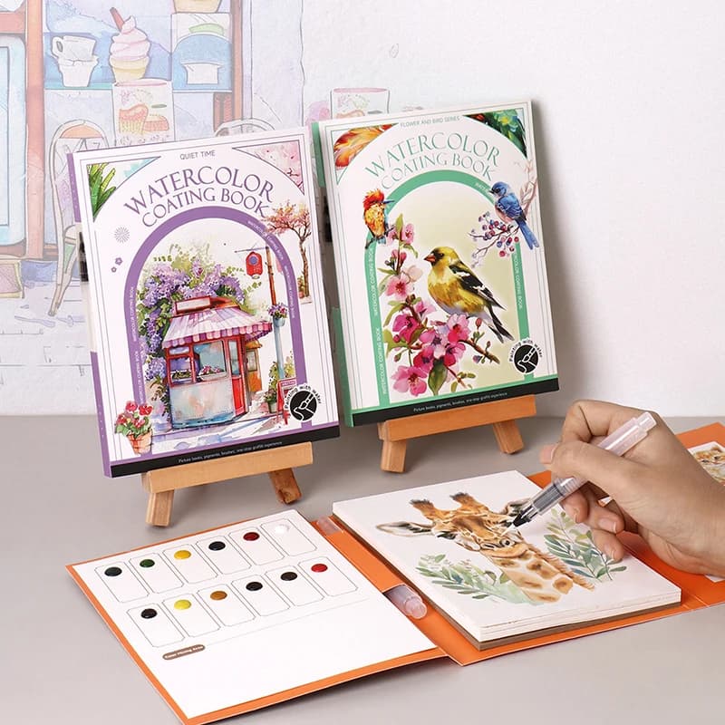 1Set Creative Coloring Book Watercolor Painting Set With 12-Color Solid Paint Kids Stress Relief Parent-Child Watercolor Art Kit