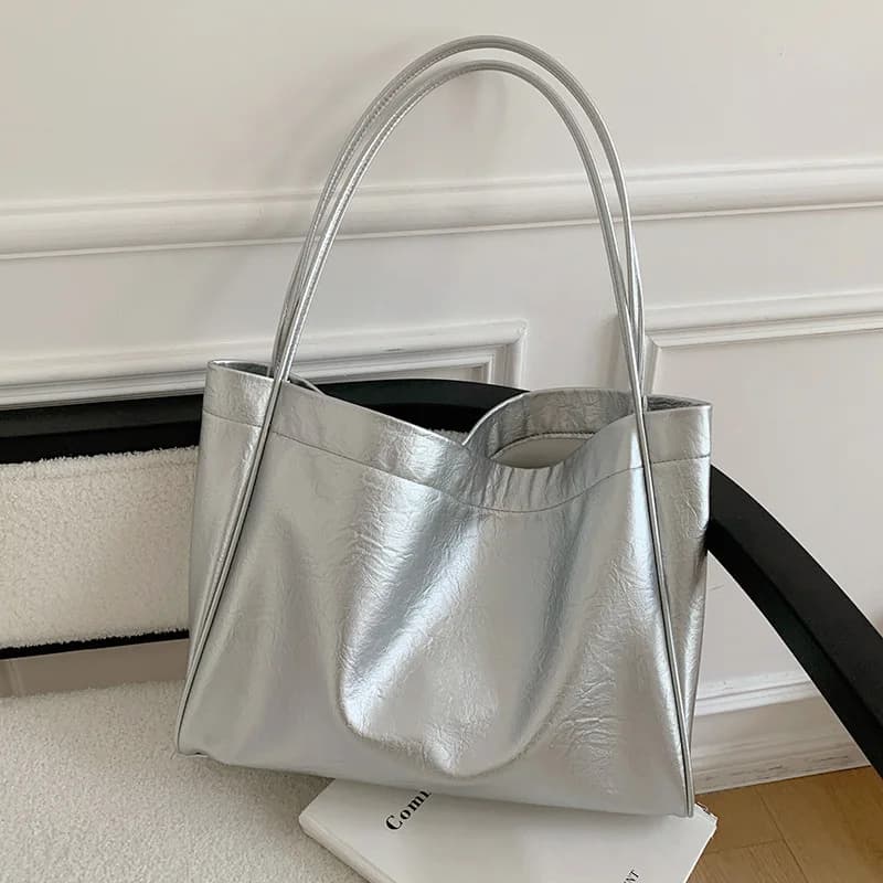 Casual Large Capacity Totes Commuting Designer Women Shoulder Bags Luxury Soft Pu Leather Lady Purses and Handbags Big Silver