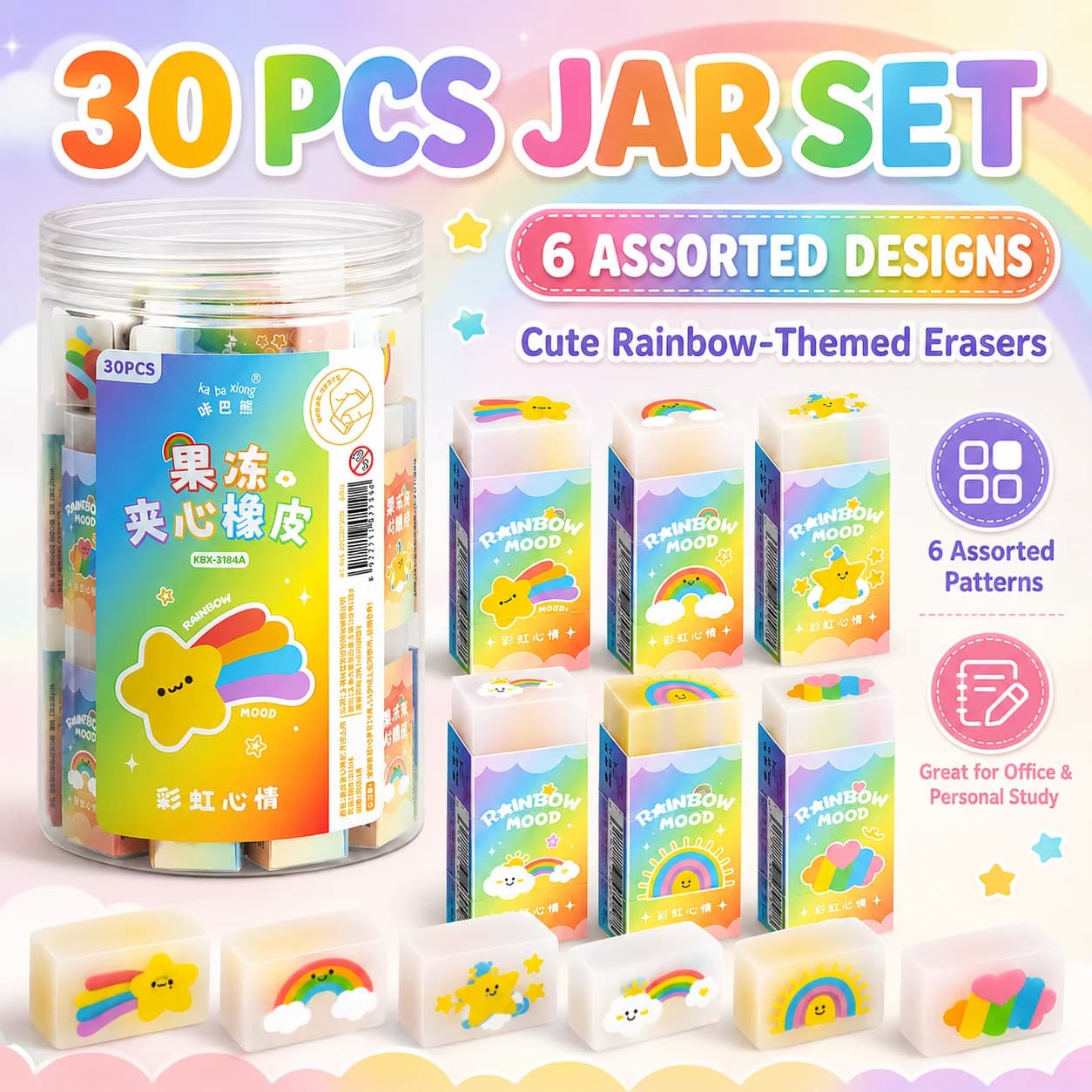 30Pcs Erasers,6 Assorted Cartoon Designs Eraser Pencil Erasers for  School Suies,Classroom Prize Party Favor Stationery Gifts
