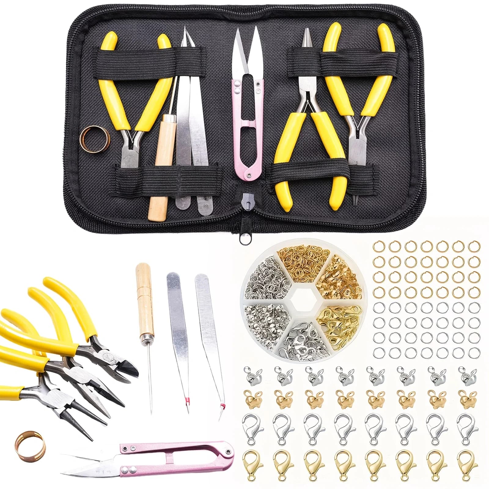 1 set of  yellow jewelry making tool set, DIY handmade tool bag including hand pliers, scissors, tweezers, jump ring opener