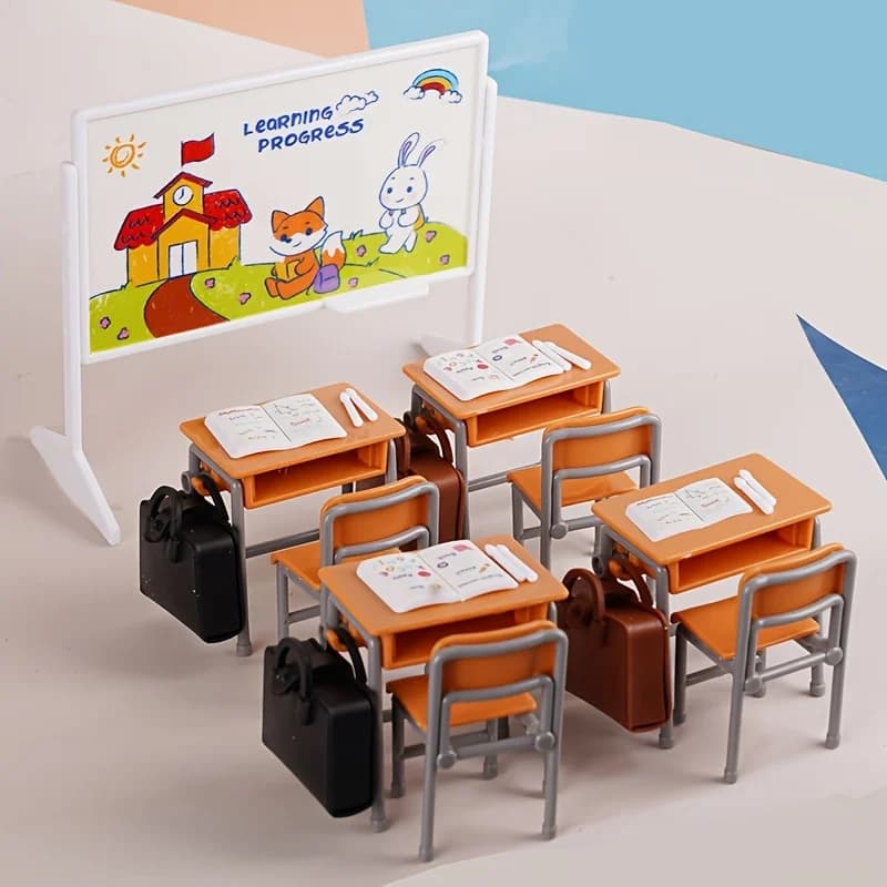 13pcs Miniature Classroom Dollhouse Set with Plastic Desks & Chairs Mini Books Teaching Board & Backpacks Role-Play Collections