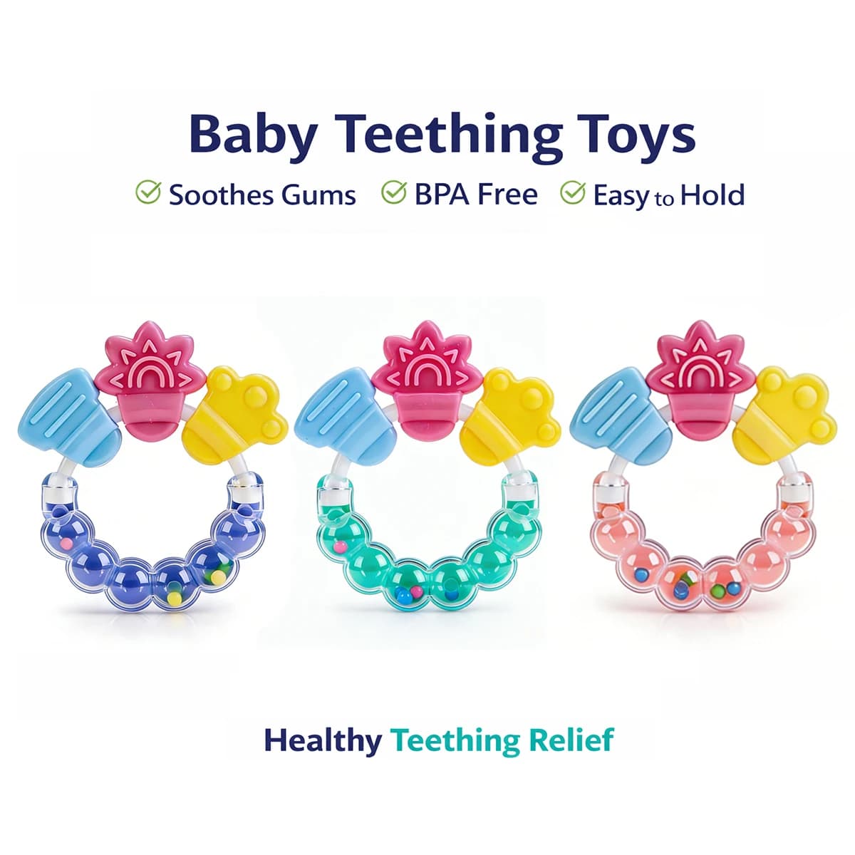 Baby Teething Ring Toy BPA Free Silicone Teether with Rattle Easy Grip Infant Gum Relief Chew Toy for Babies