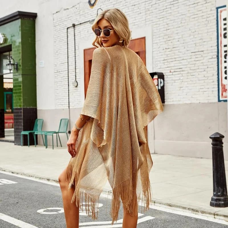 Swimsuit Cover-ups  Fashion Tassel Gold Bikini Beach Cover Up Sexy Beach Dress Tunics for Women Summer Wear See Through