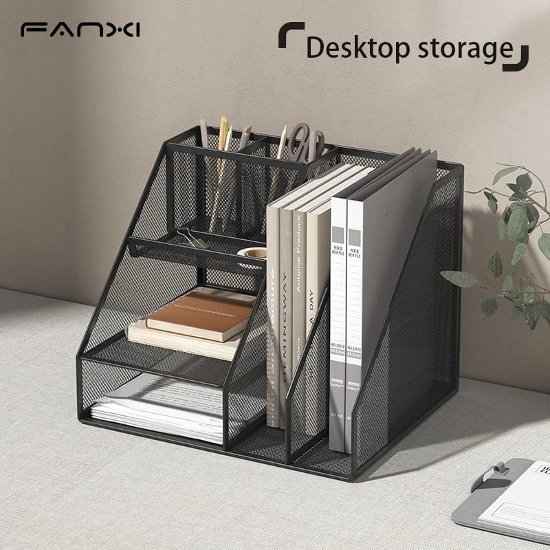 Desk Organizer with File Holder, Desk Organizers with 3 Tier Letter Trays and 2 Pen Holders, Mesh Desk Accessories & Workspace