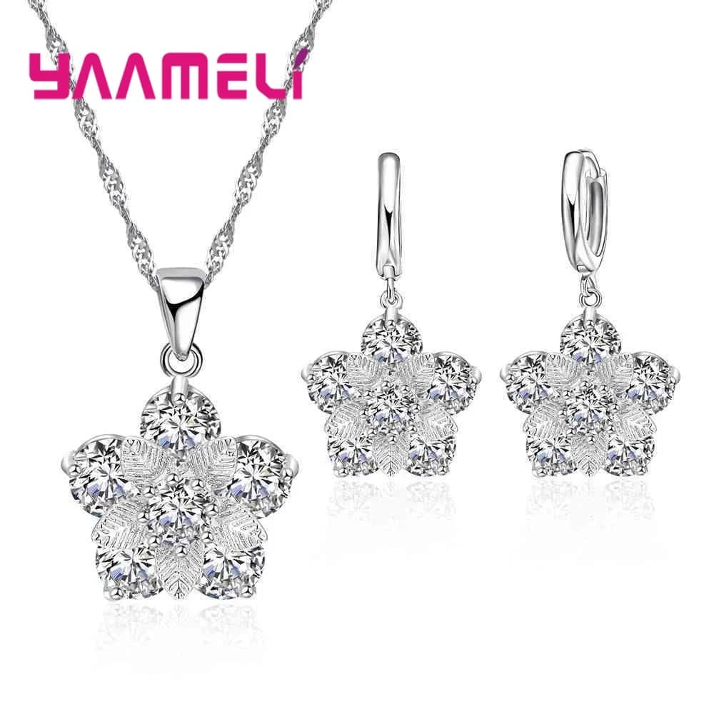 Silver 925  Statement Necklace Earring Jewelry Set For Anniversary Accessory Women Cubic Zircon Bridal Wedding