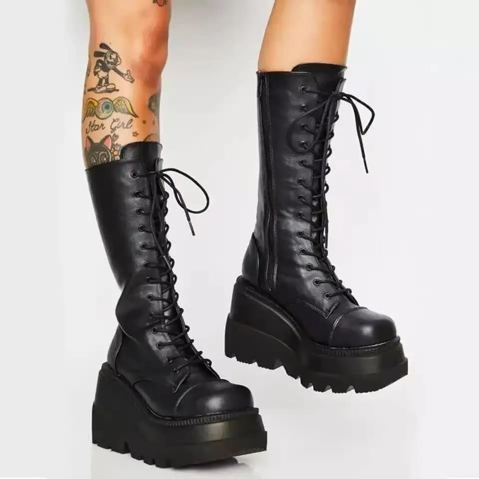 Women's  Boots High-Top Fashion Boots with Slope Heel round Toe Waterproof Platform Spring Autumn PU Leather Boots