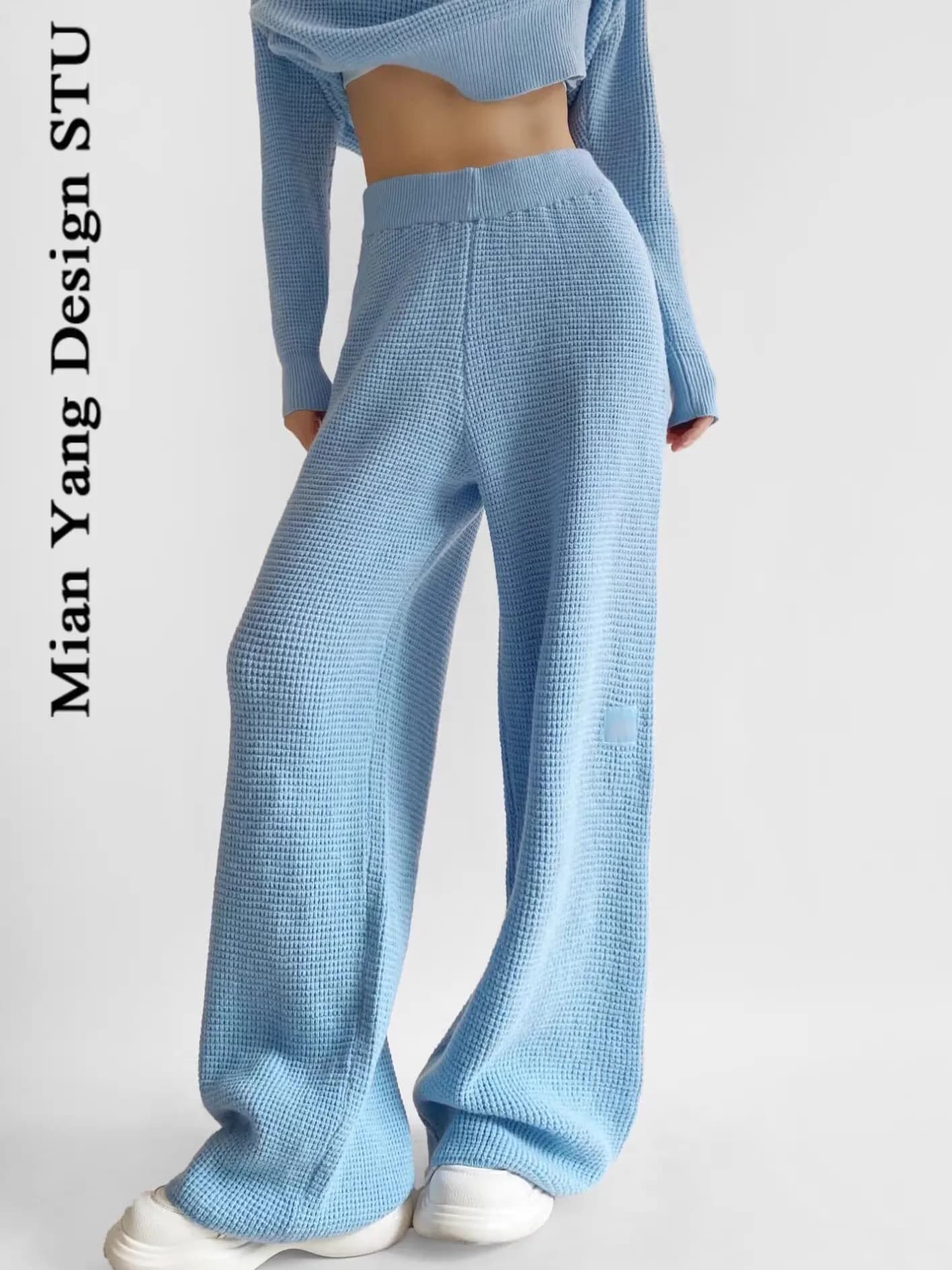 Women's Casual Knitted Set High Waist Long Pants Loose Long Sve Top Spring Summer Outfit Relaxing Plaid Ensemble