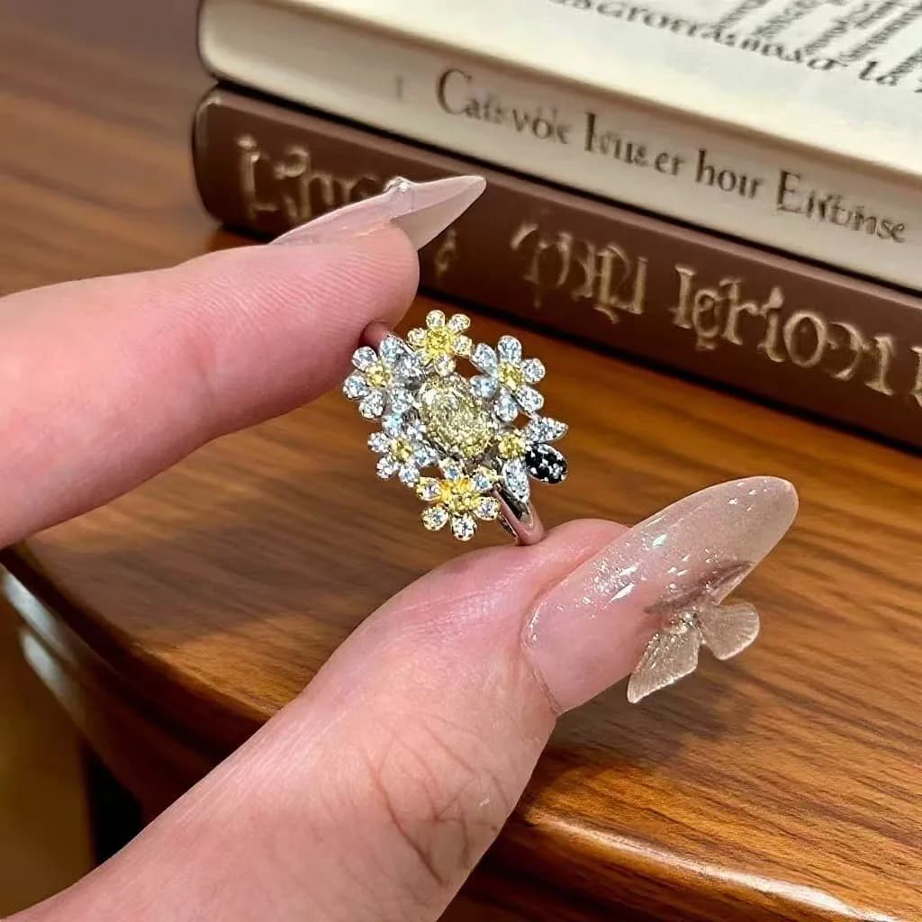 Yellow Diamond Small Floral Ring Luxurious and High-end Feel Open Index Finger Ring Simple Socialite Style Jewelry Accessories