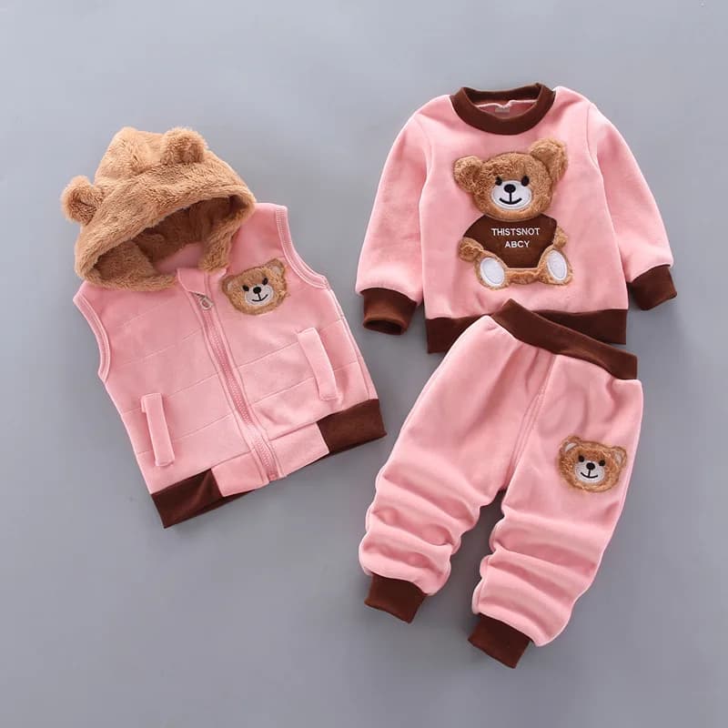 Baby Boys Clothing Set Autumn Winter Cartoon Bear Fleece Hooded Vest Coat Pants 3Pcs for Kids Casual Outfits Girls Warm Suit
