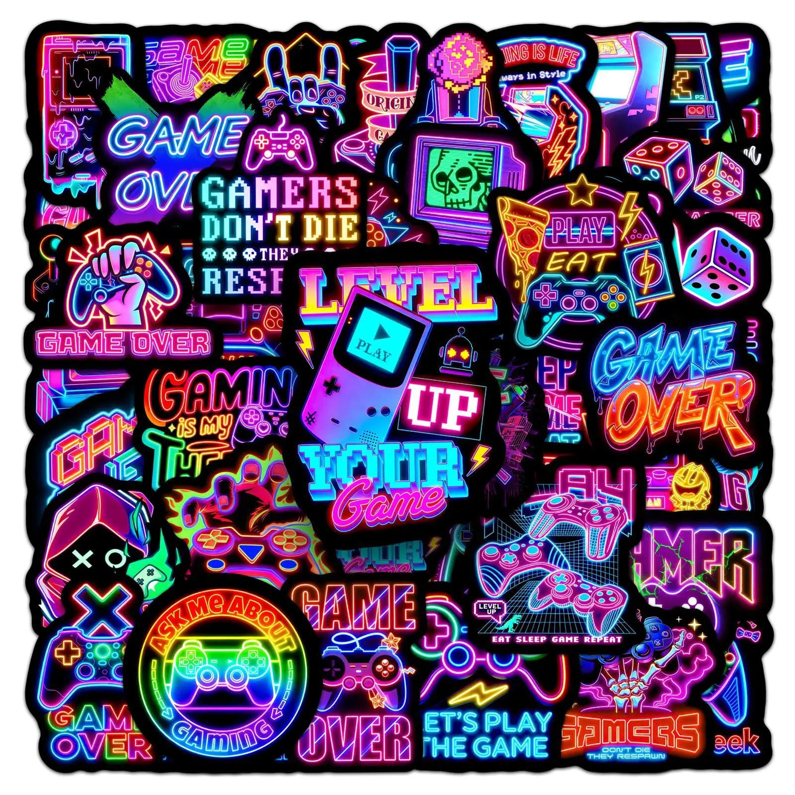 50pcs Creative Neon Video Game Cartoon Stickers Waterproof DIY Skateboard Phone Laptop Guitar Cool Graffiti Decals Packing