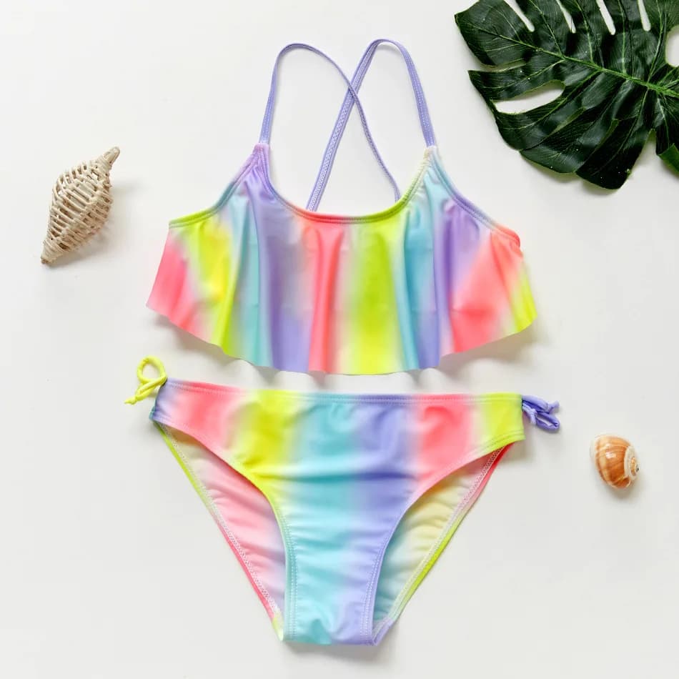 Baby Girls Swimsuit Kids 2-12Years Two Piece Children's Swimwear Ruched Front Bikini Set Teen Bathing Suit 2025 Summer Beachwear