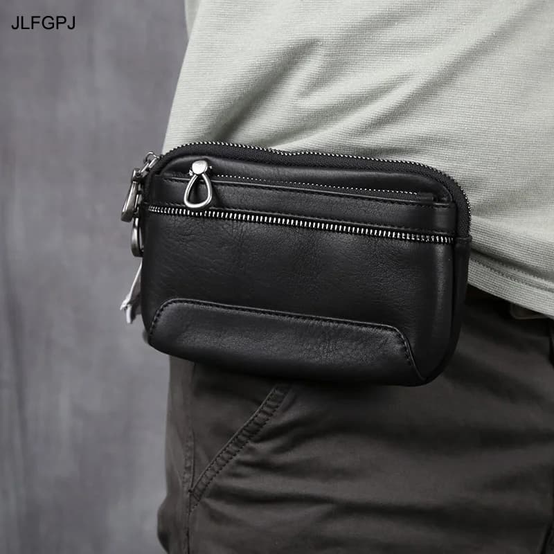 Men's Genuine Leather Horizontal Mobile Phone Bag Retro Top Layer Cowhide Simple Casual Wear Belt Double Zipper Waist Bag JLFGPJ