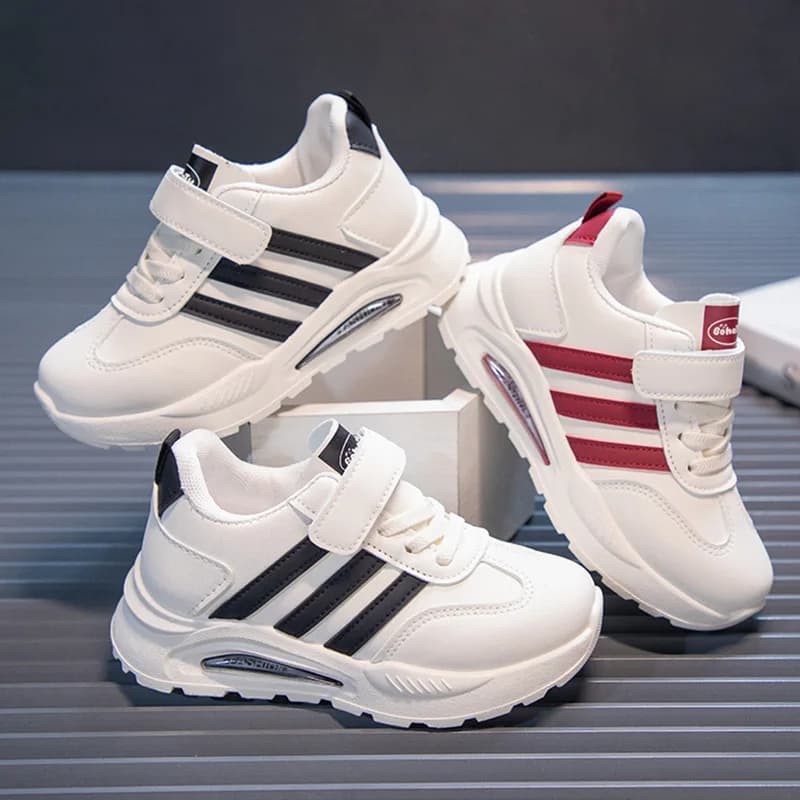 2026 New Spring Fall Sport Shoes for Boys Fashion Patchwork Stripes Dad Sneakers for Girls Black Khaki Gray Kids Trainers