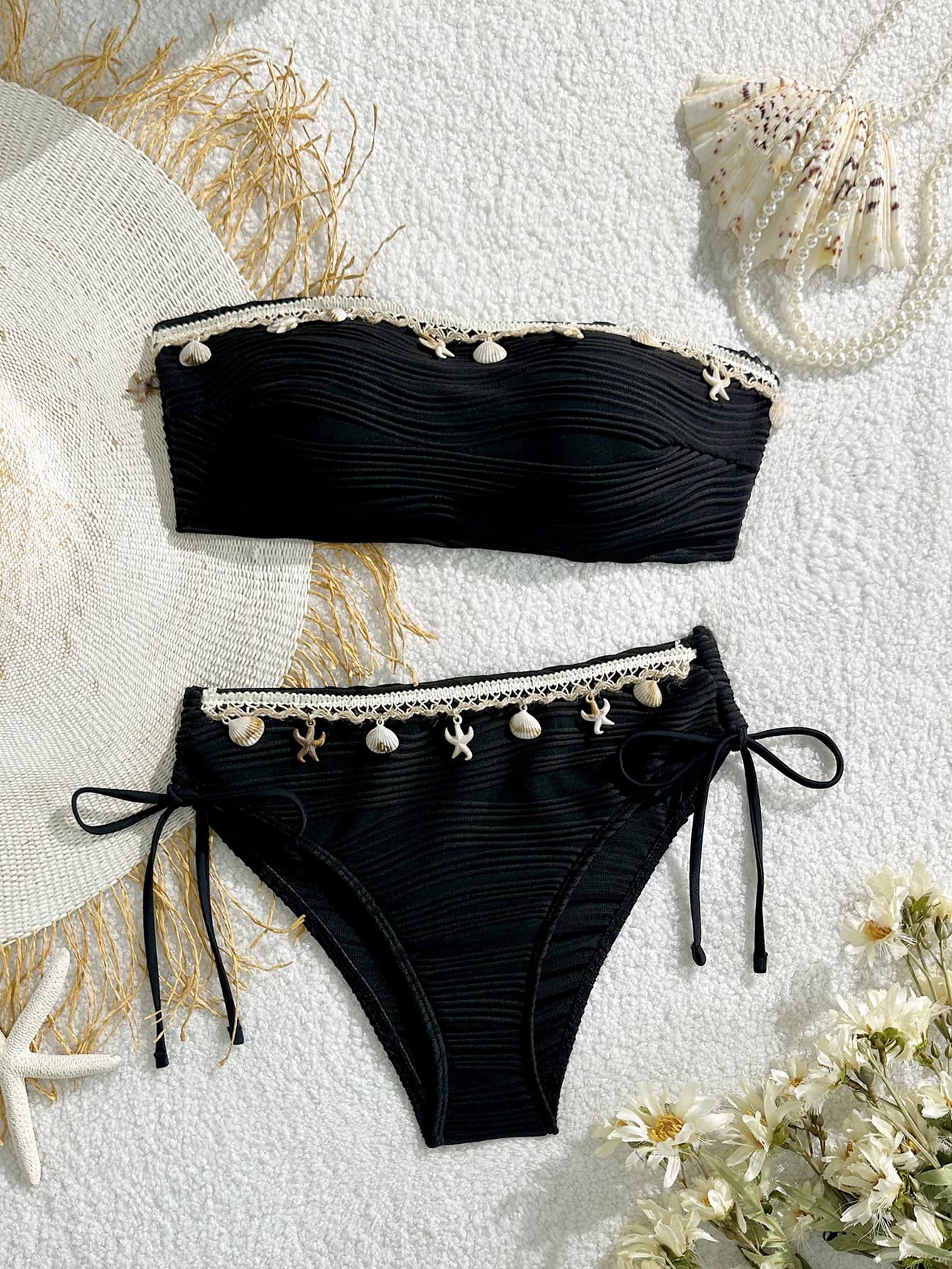 Sexy Bandeau Bikini Set 2026 Women Black Shell Starfish Push Up Drawstring Side High Waist Swimsuit Beach Bathing Suit Swimwear