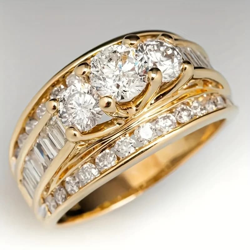Gorgeous Three-Row Inlaid Synthetic Zirconia Engagement Ring for Women Fashion Sparkling Anniversary Wedding Jewelry Accessories