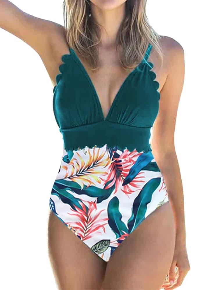High Waist Swimwear Women One Piece Swimsuit Sexy V-Neck Push Up Halter Scallop Trim Bathing Suit Beachwear Brazilian Monokini