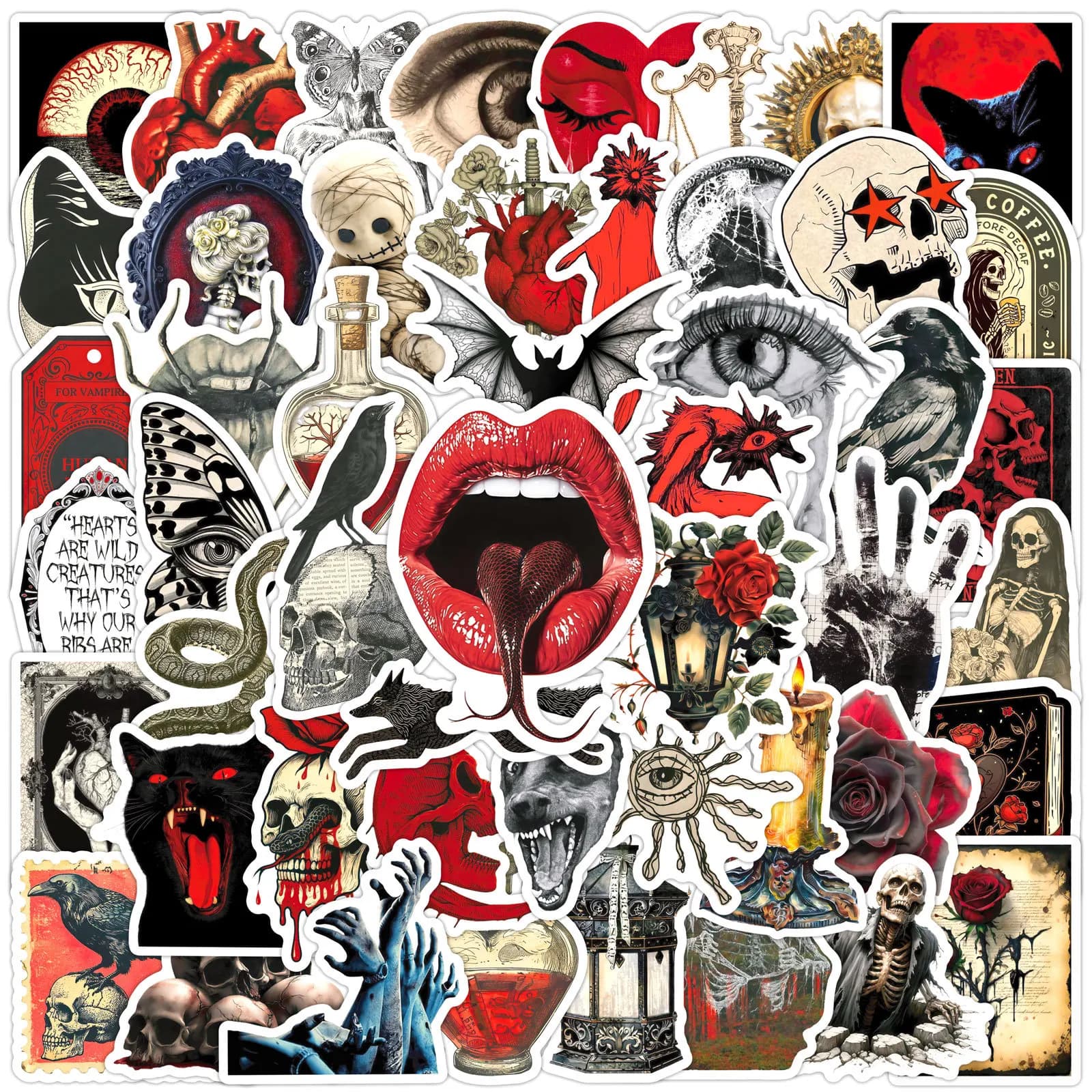 50Pcs Vintage Red & Black Horror Thriller Stickers - Waterproof Graffiti Decor, DIY Laptop Skateboard  Guitar Car Sticker Decals