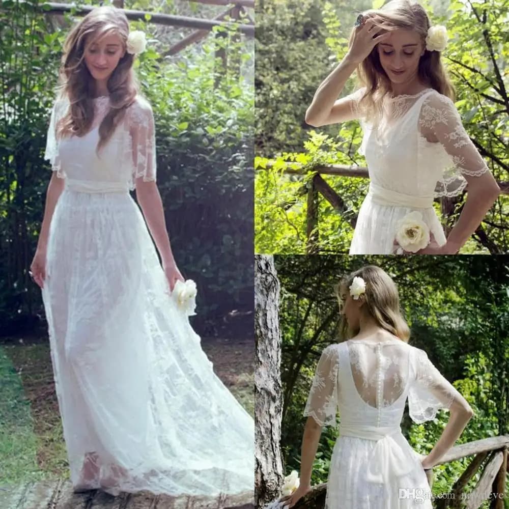 Fashion Wedding Dresses Jewel Half Sleeves Lace Appliques Bohemia Garden Bridal Gowns Boho A Line Beach Wedding Dress Customized