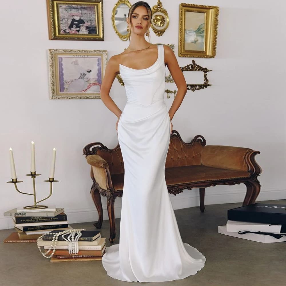 Fashion White Satin Mermaid Wedding Dresses for Women Sexy Backless Scoop Court Train One Shoulder Bridal Gowns Customized