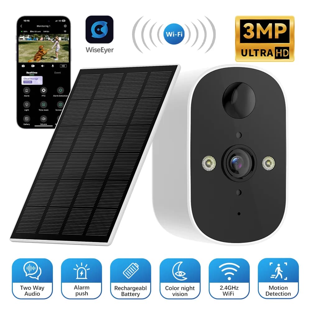 Solar Security Camera Wireless Outdoor 3MP Home Surveillance IP65 Waterproof Color Night Vision Two Way Audio Human Detection