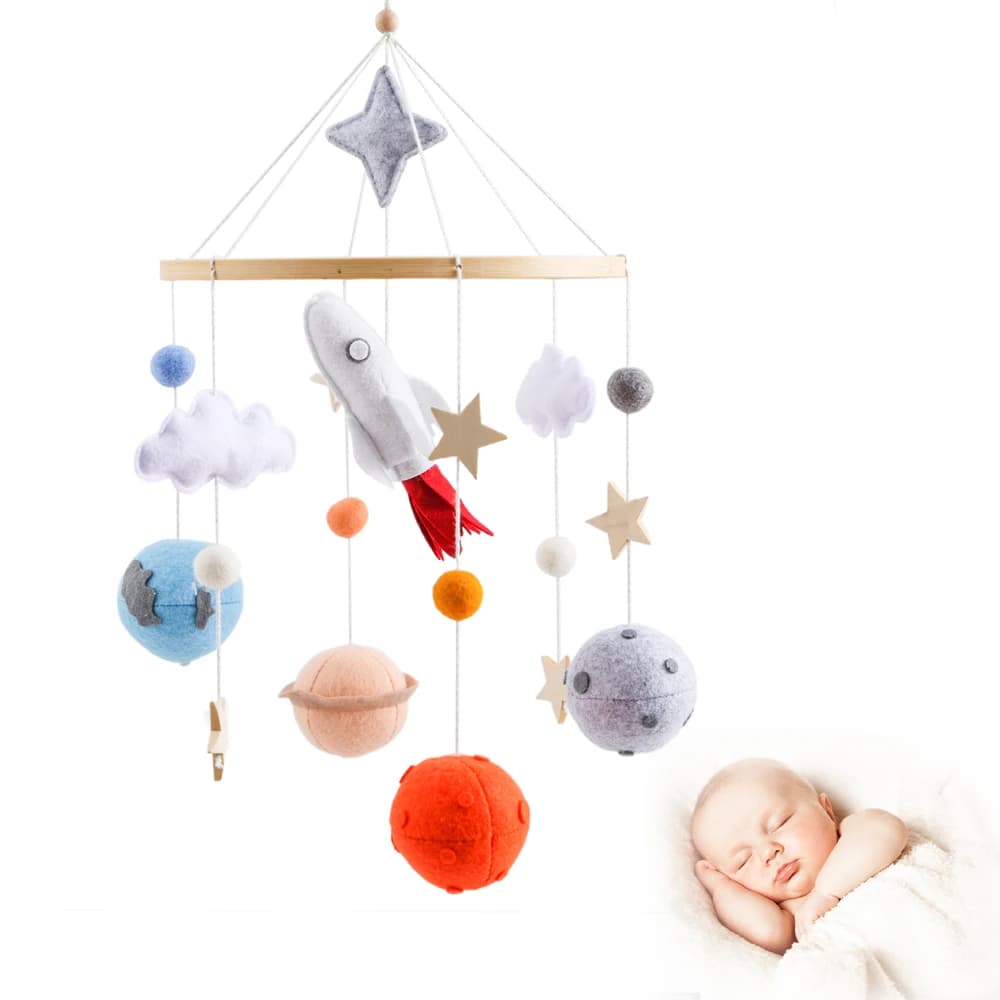 Wooden Baby Crib Bell Soothing Baby Movable Ringing Toy Space Rocket Hanging Crib Bracket Felt Ball Bed Bell Newborn Toy Gift