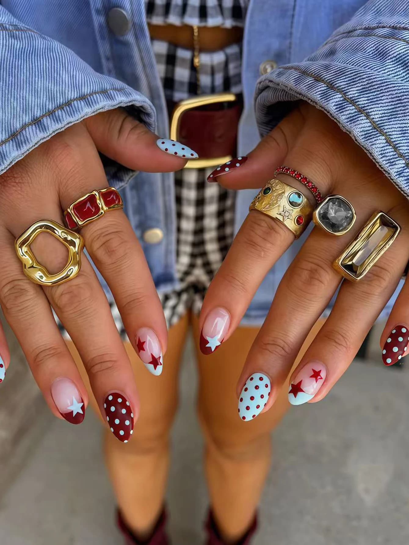 5PCS Two-Tone Gemstone Ring Set for Women Crystal Accent Geometric Textured Design Bold Statement Trendy Retro Festival Jewelry